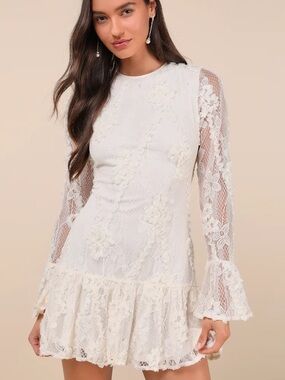 Darling Era Ivory Lace Applique Long Sleeve Ruffled Mini Dress